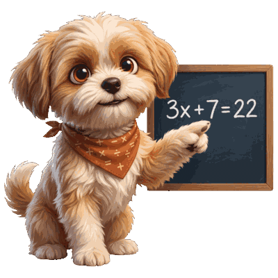 The Aha Math puppy pointing at an equation on a chalkboard