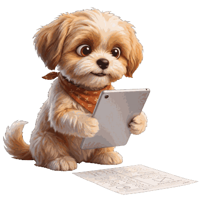 The Aha Math puppy taking a photo of a math worksheet with a tablet